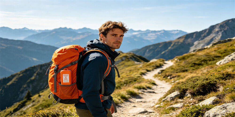 Emergency kit backpack outdoor mountain scene, hiker carrying backpack with compact emergency first‑aid case, outdoor hiking survival supplies for wilderness adventure and B2B bulk procurement