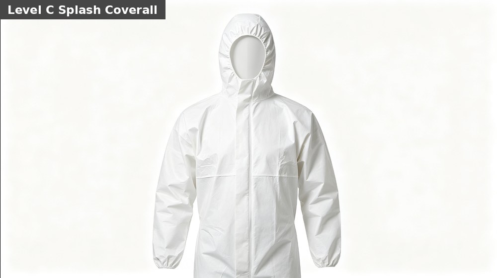 Level C disposable chemical coverall for controlled splash and particulate work in industrial facilities