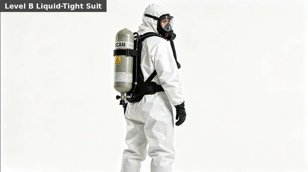 Level B liquid-tight chemical protective suit with external SCBA for industrial splash response