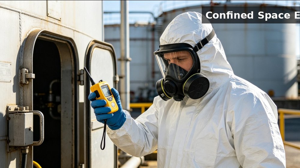 Hazmat worker using a portable gas detector to assess an industrial chemical work area