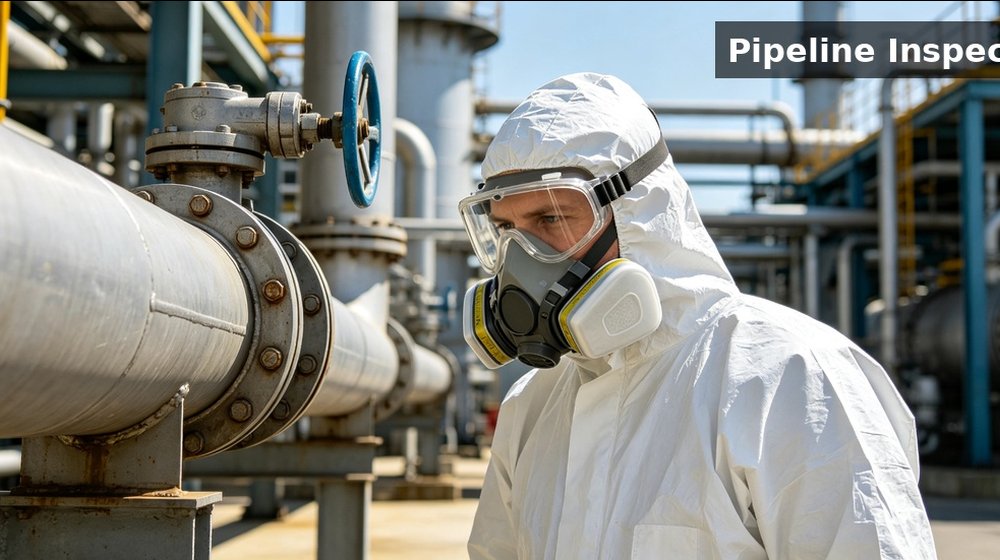 Chemical protective suit used for close pipeline inspection inside an industrial processing facility