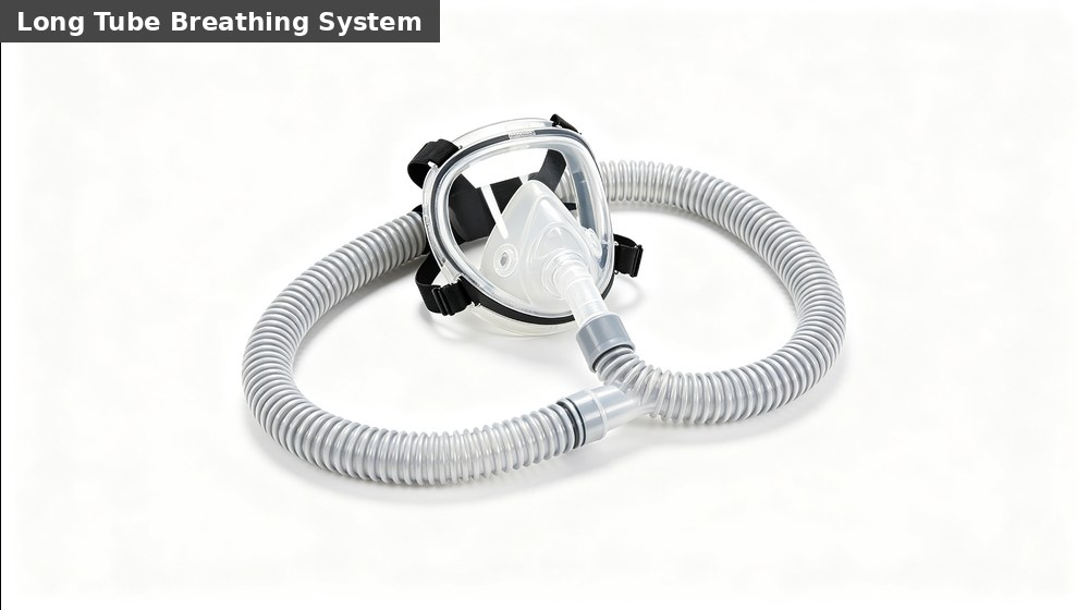 Long-tube supplied-air breathing system for planned work in controlled industrial hazardous areas