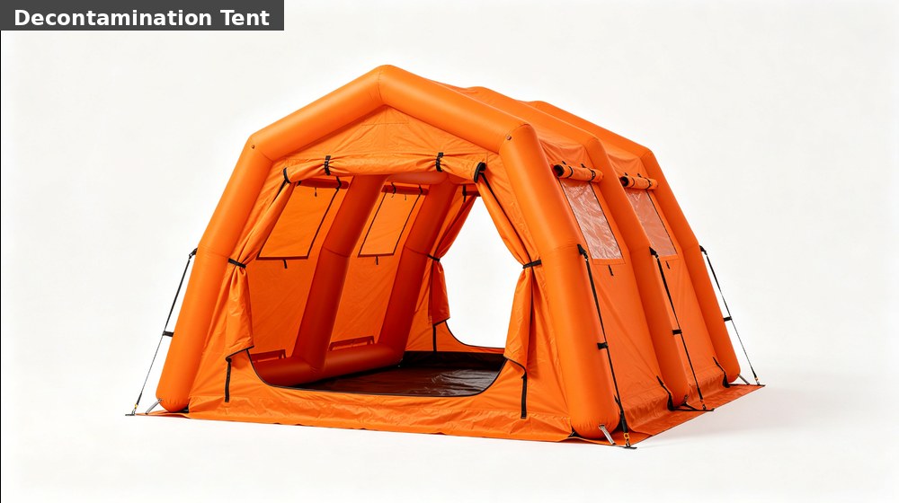 Inflatable decontamination tent configured for personnel washdown during industrial hazmat response
