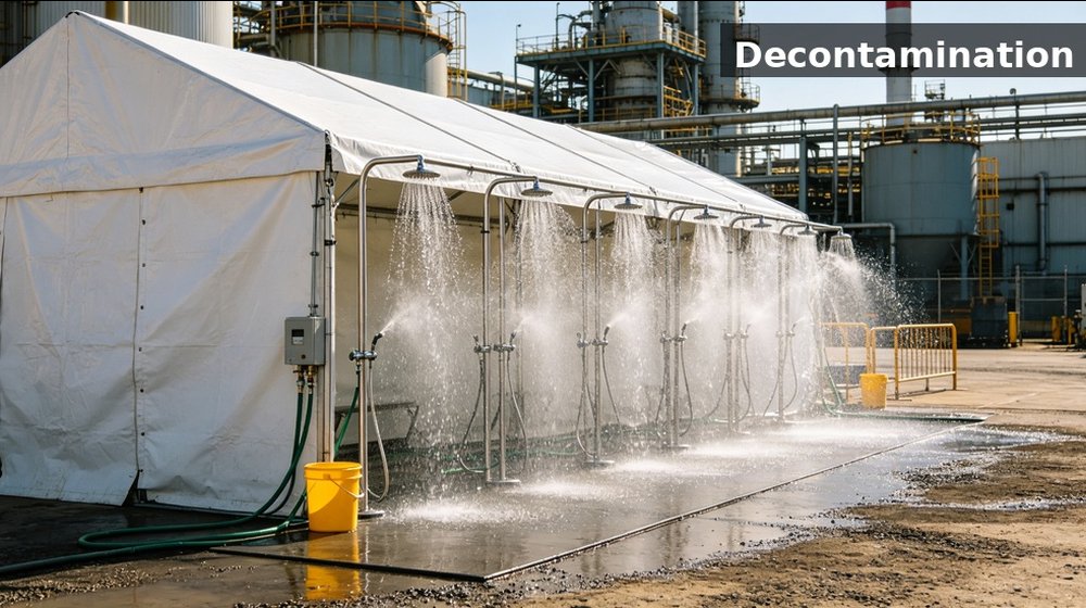 Outdoor decontamination shower line prepared beside a chemical plant for hazmat personnel washdown