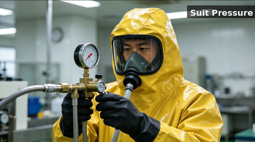 Technician performing a pressure test on a chemical protective suit during factory inspection