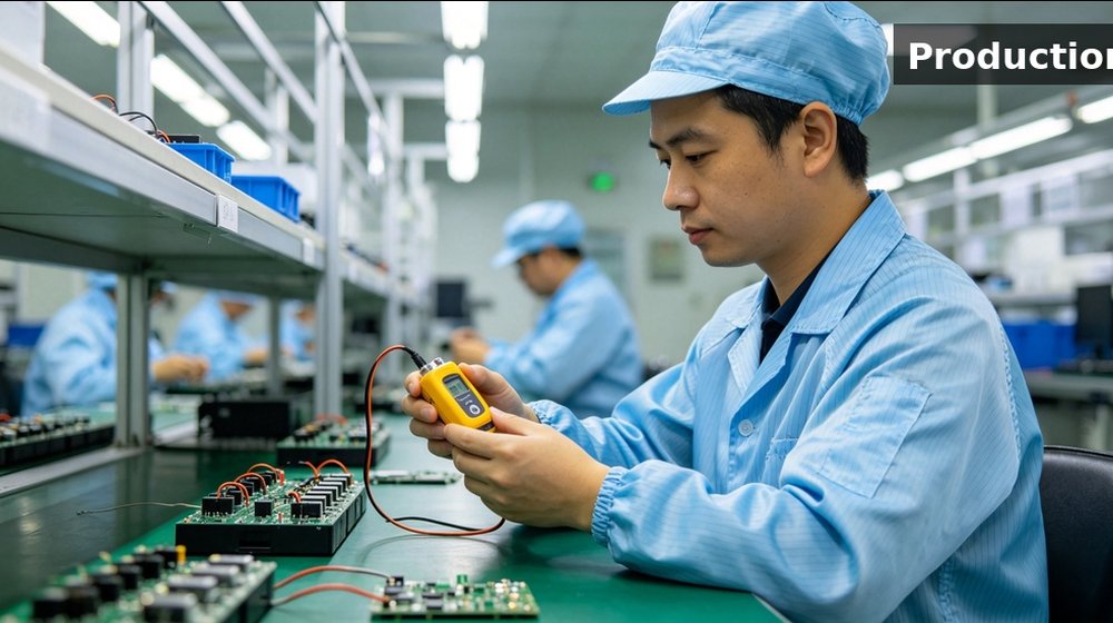 Quality technician checking portable gas detector electronics during industrial safety equipment production