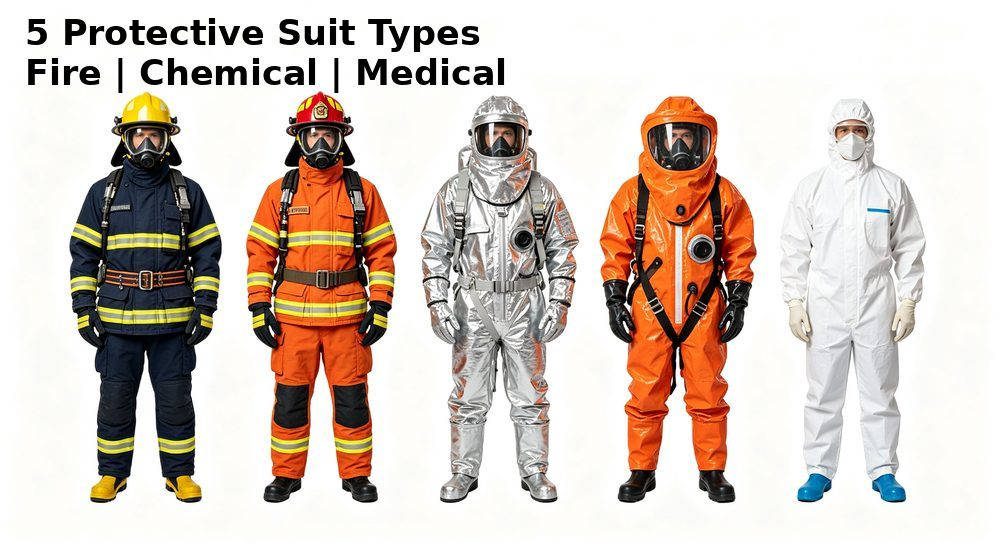 Five types of protective clothing combined display: structural fire, wildland, proximity heat, chemical and medical suits, wholesale PPE collection