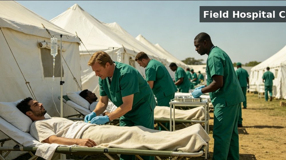 Hospital field medical supply image showing field hospital camp scene for temporary clinics, disaster response and institutional procurement plann