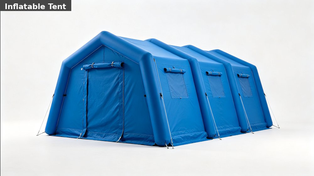 Hospital field medical supply image showing blue inflatable shelter tent white background for temporary clinics, disaster response and institution