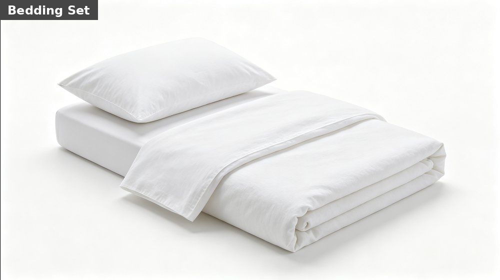Hospital field medical supply image showing white cotton bedding set white background for temporary clinics, disaster response and institutional procuremen