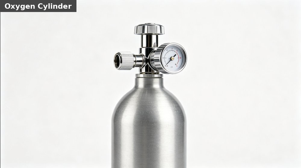 Hospital field medical supply image showing portable oxygen cylinder silver white background for temporary clinics, disaster response and institutional procuremen