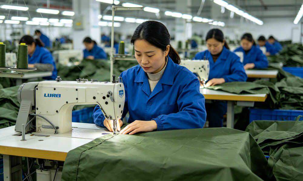 Quality control inspector examining emergency tent fabric stitching in manufacturing factory production line