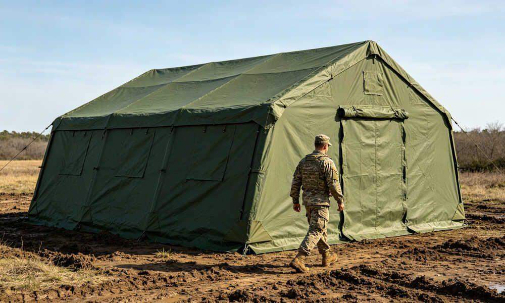 Heavy duty emergency frame tent showing long-term durability and outdoor use in disaster relief conditions