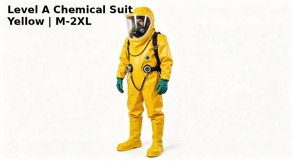 Yellow Level A gas-tight chemical suit with clear visor, chemical protective clothing