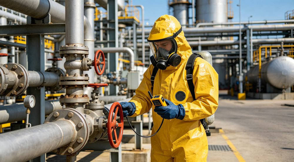 Chemical plant routine inspection worker in yellow Level A chemical suit checking pipeline valves, industrial PPE