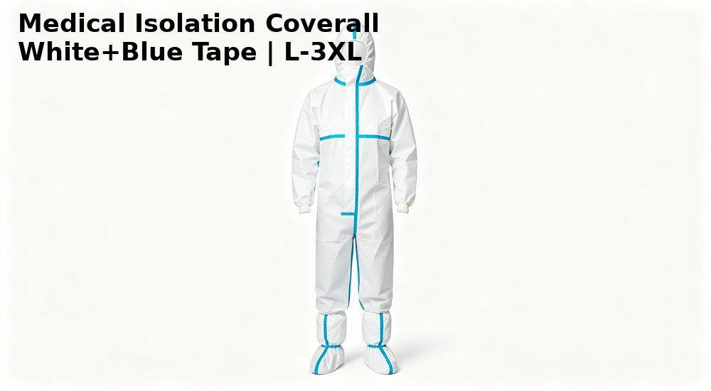White medical isolation coverall with blue seam tape, disposable PPE for hospital use White medical isolation coverall with blue seam tape, disposable PPE for hospital use