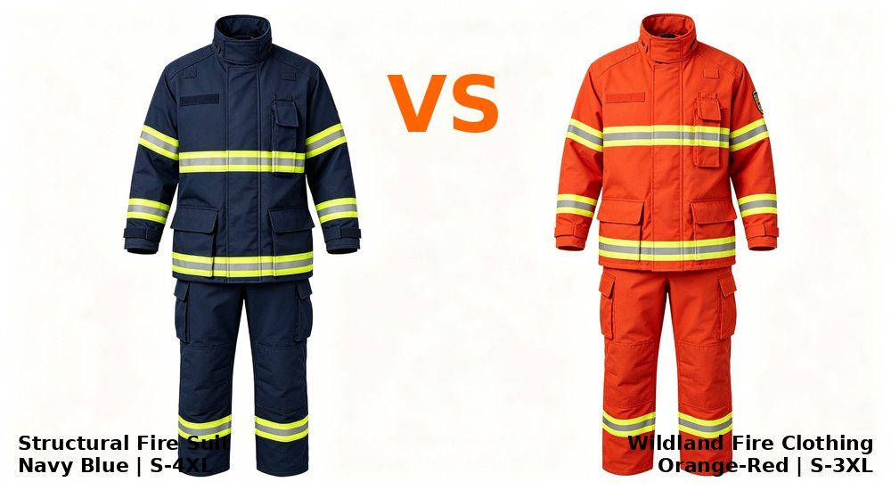 Structural fire suit vs wildland fire clothing comparison, orange VS text, protective clothing types