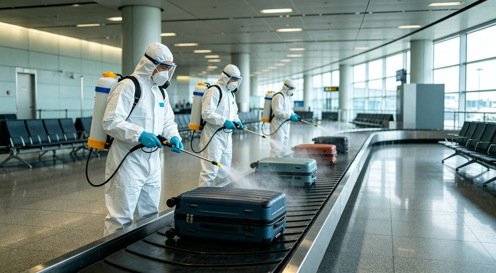 Airport terminal disinfection workers in white medical isolation coveralls spraying luggage, disease control PPE