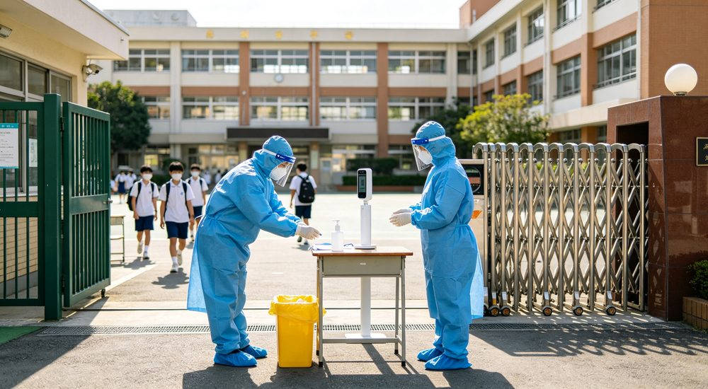School campus epidemic prevention medical workers in blue isolation coveralls at temperature check station, PPE supply