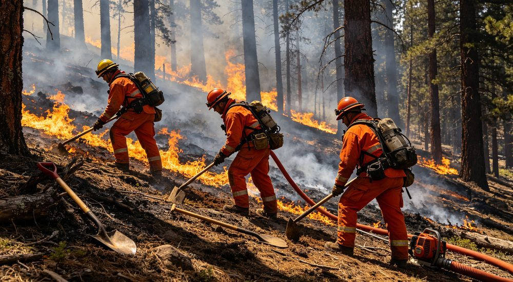 Wildland firefighters in orange fire-resistant clothing on forest fire line, flame resistant gear Wildland firefighters in orange fire-resistant clothing on forest fire line, flame resistant gear