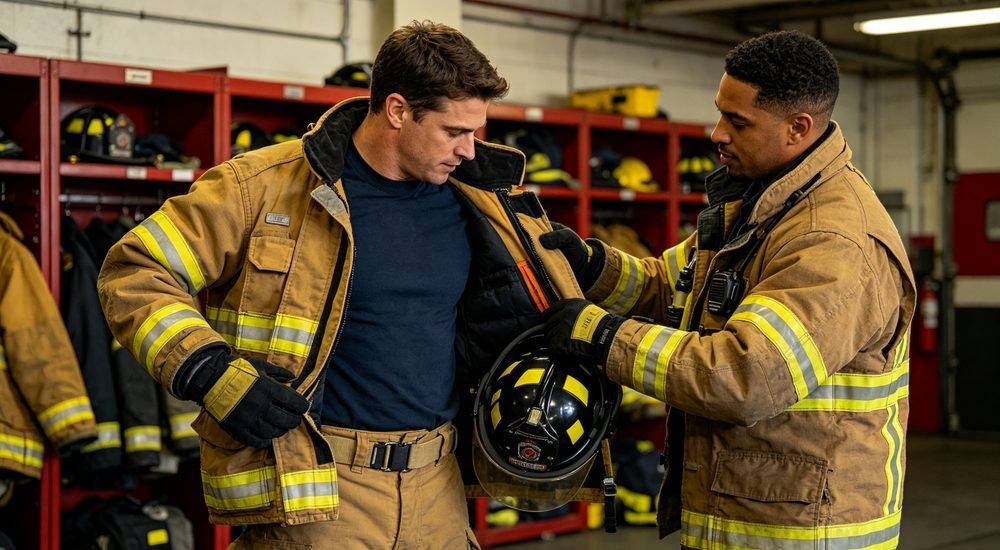 Firefighter putting on structural turnout gear with teammate help, fire station interior