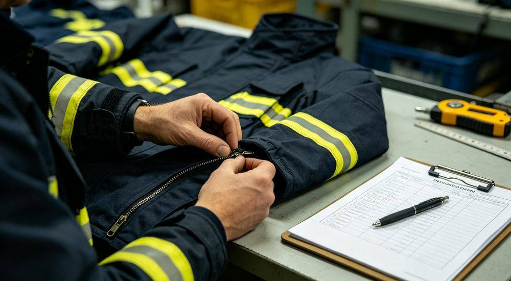 Quality inspection of protective clothing seams and zippers in production area, garment quality control Quality inspection of protective clothing seams and zippers in production area, garment quality control