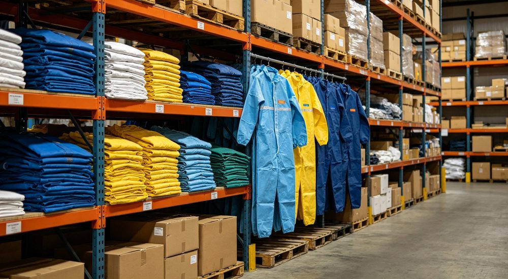 Warehouse storage of folded protective suits and coveralls on shelves, PPE inventory