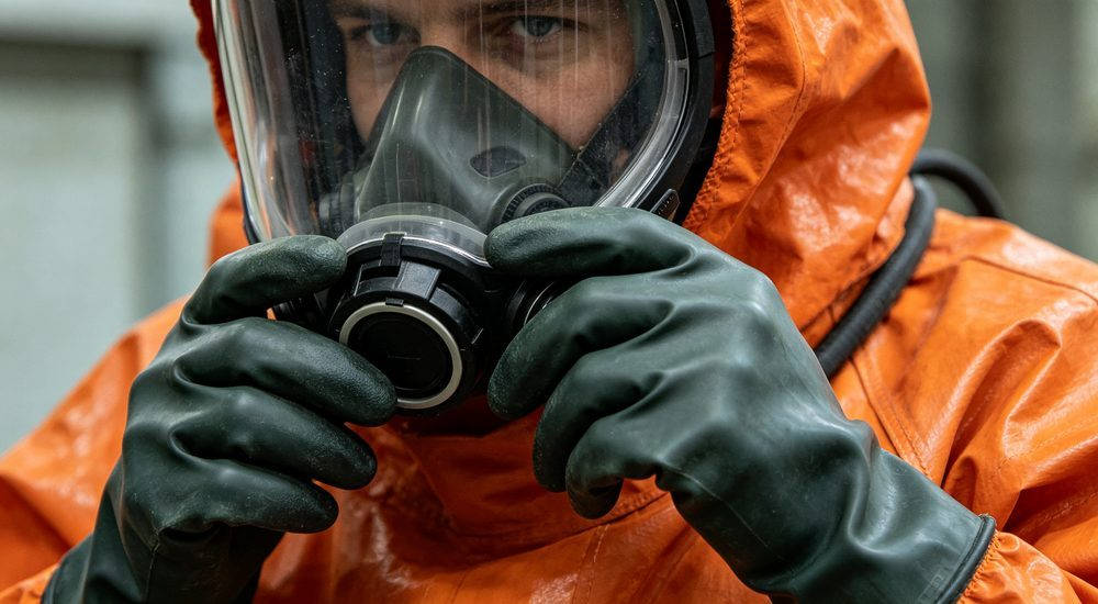 Close-up detail of chemical suit visor and butyl rubber glove interface, hazmat suit connection