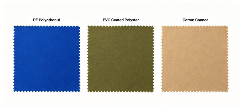 Three tent fabric samples comparison PE PVC and cotton canvas
