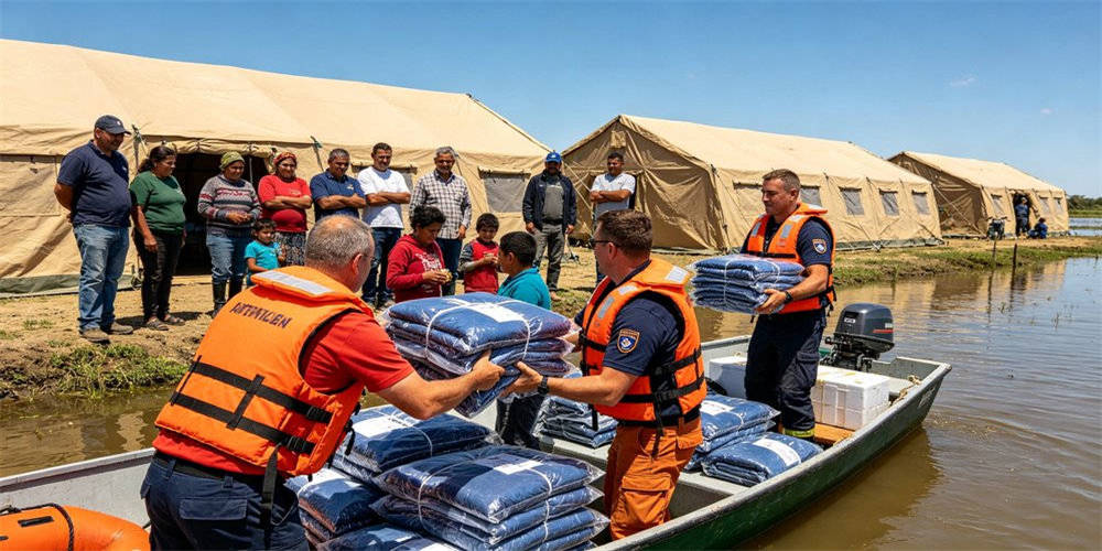 European border police emergency shelter with thermal blankets and sleeping bags for officers