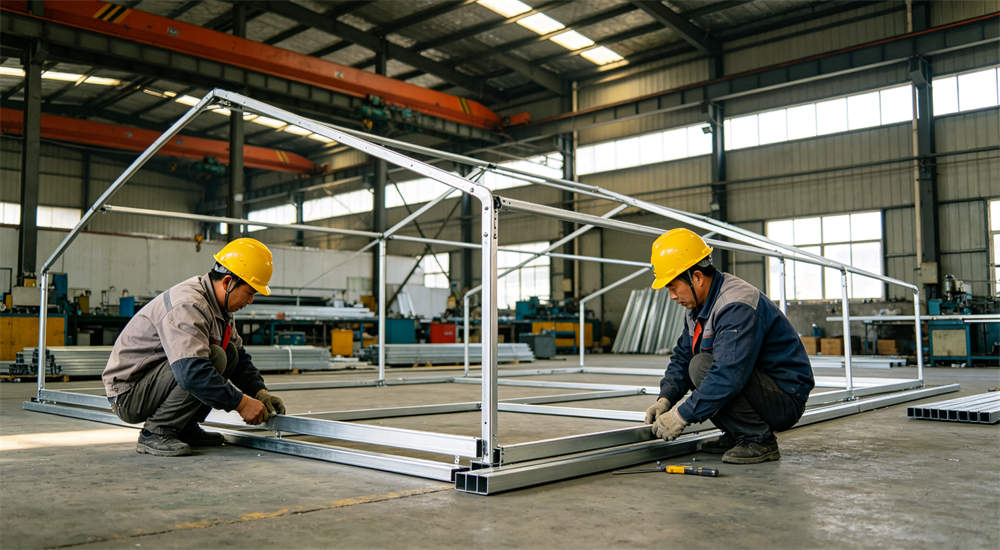 chinese factory workers assembling large frame tent production line