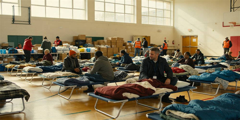 School field emergency shelter with cots and thermal blankets for displaced students
