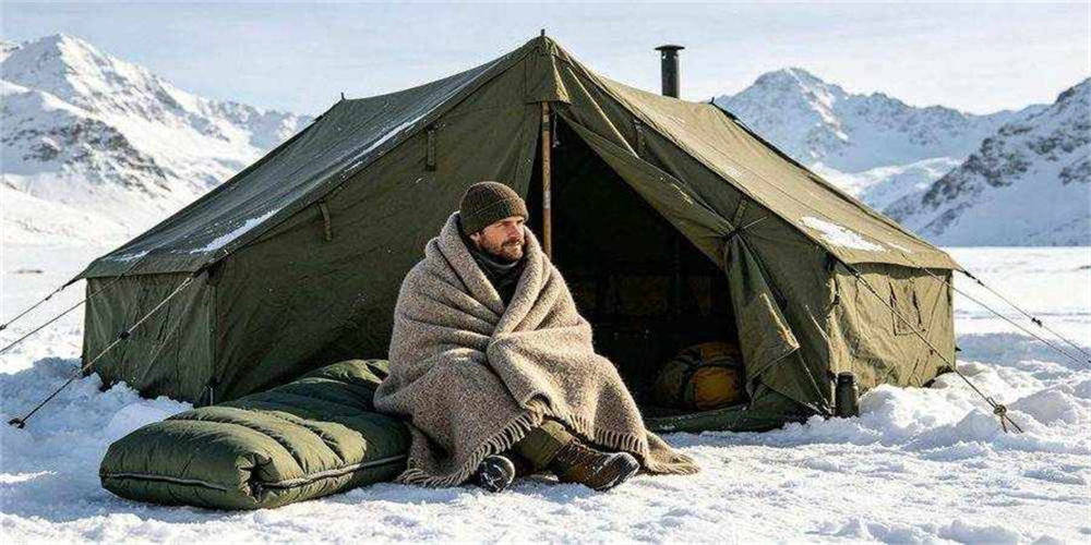 Cold weather emergency gear including wool blankets and sleeping bags for field operations