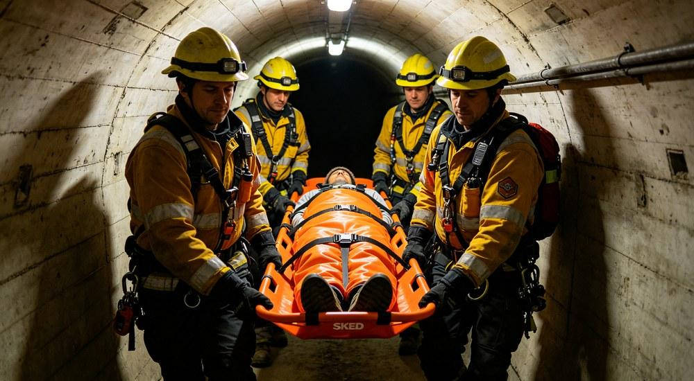 Rescue team using SKED stretcher in tunnel and confined space rescue operation