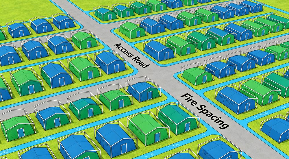 Tent camp site plan with spacing and access roads