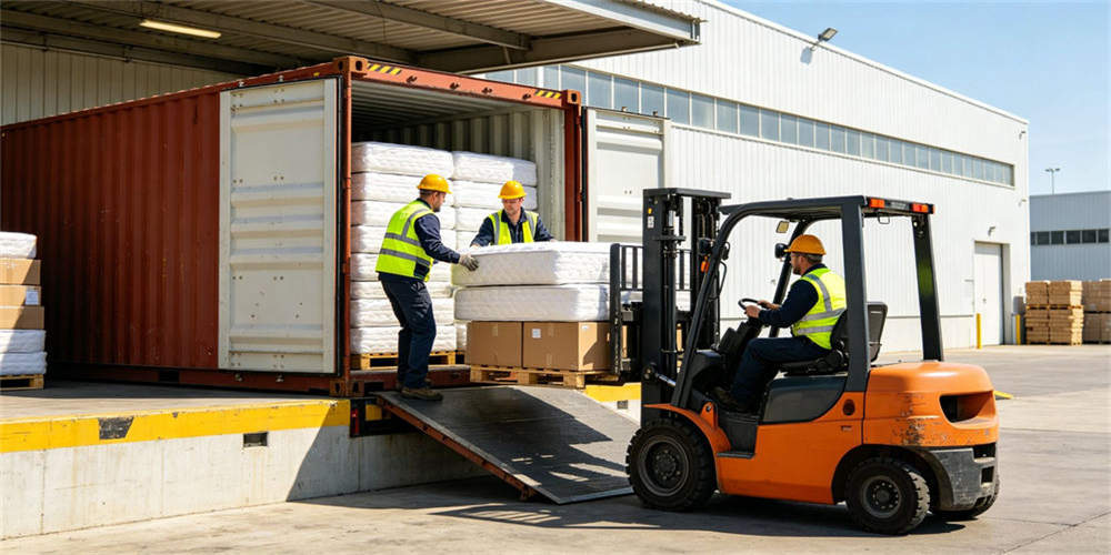 Cartons of compressed mattresses being loaded into an export container at a warehouse dock during export shipment handling.