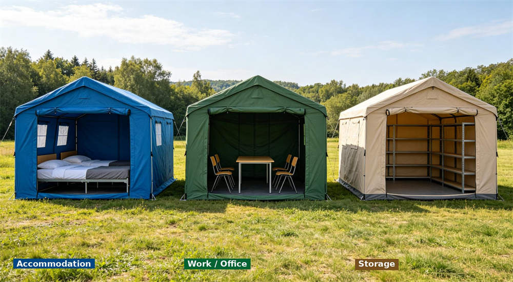 Three unit types comparison of outdoor relief frame tent accommodation blue with beds, work office green with table chairs, and storage beige with metal shelves on grass