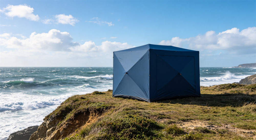 Outdoor relief frame tent on exposed coastal site in blue dark green windy conditions with ocean background and strong wind environment