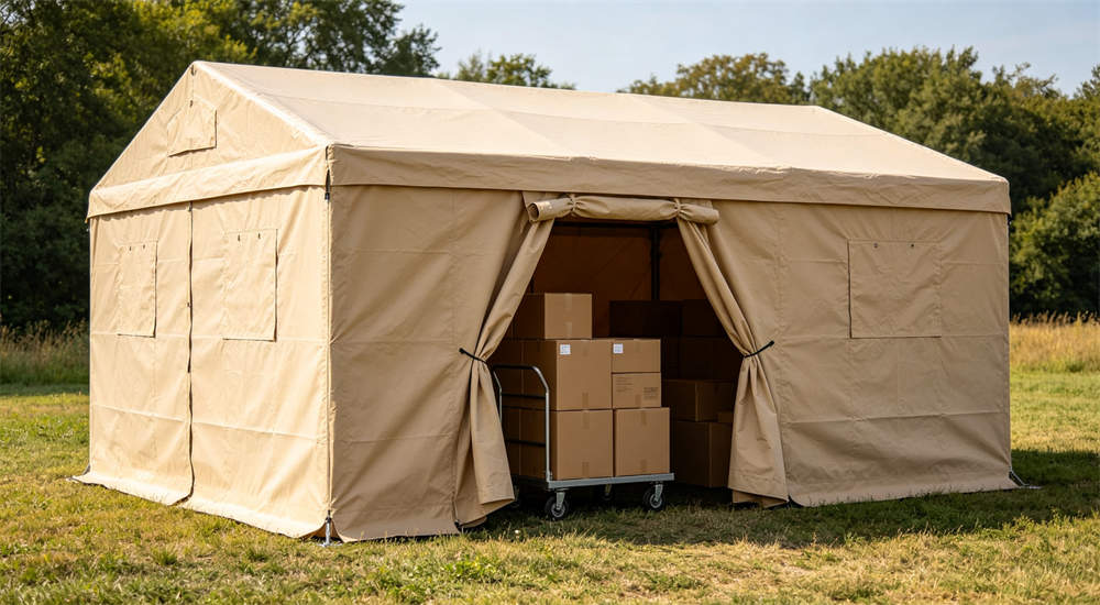 Outdoor relief frame tent supply entrance in beige showing wide cart entry door for Materials delivery and equipment transport with rolled up fabric