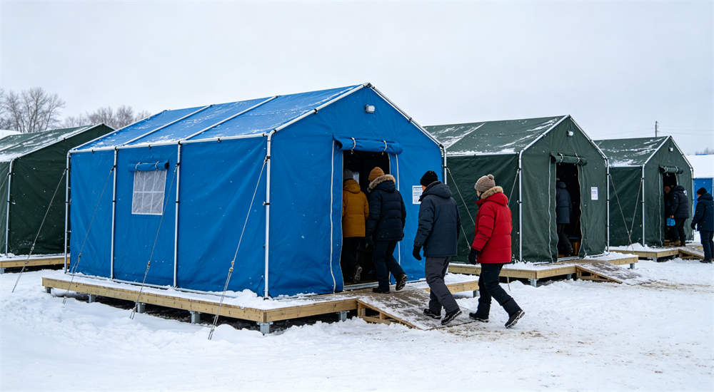 Outdoor relief frame tent in cold weather winter scene with blue dark green tent on snow covered ground showing insulated design for low temperature use