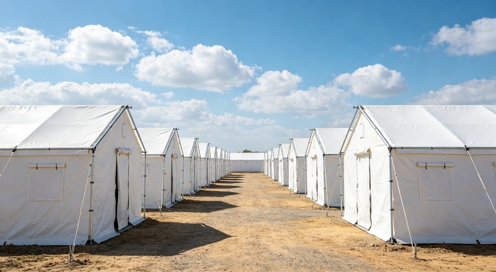 Panoramic wide-angle shot of large emergency shelter camp with rows of white and blue relief frame tents deployed on green grassy field, showing tarpaulin material application in disaster relief settlement under clear blue sky