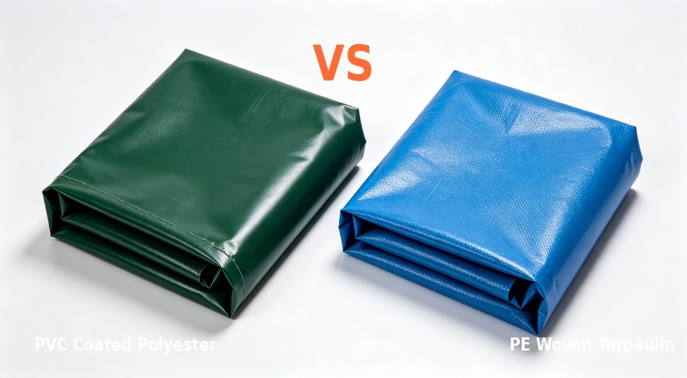 Side-by-side material comparison displaying PVC coated polyester tarpaulin versus PE woven tarpaulin for relief tents, blue and grey fabric samples showing coating thickness difference and texture contrast on clean white background