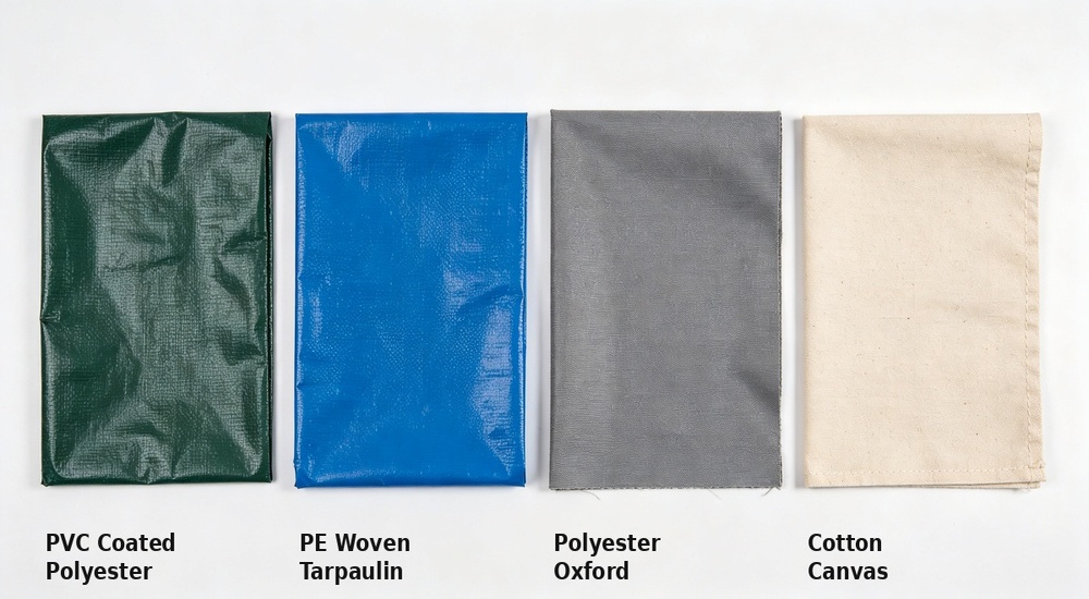 Top-down flat lay overview presenting four different tent fabric materials for emergency shelters including blue PVC coated polyester, grey PE woven, green oxford, and beige canvas swatches arranged neatly for buyer selection Top-down flat lay overview presenting four different tent fabric materials for emergency shelters including blue PVC coated polyester, grey PE woven, green oxford, and beige canvas swatches arranged neatly for buyer selection