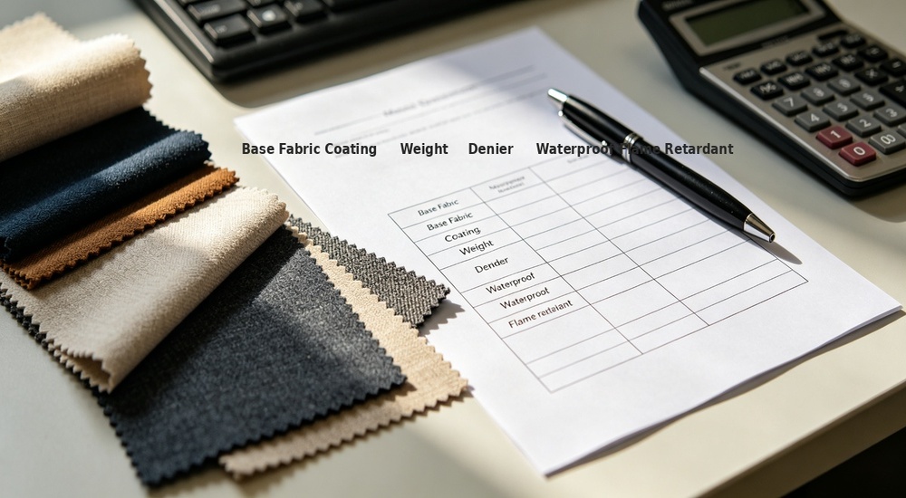 Document product shot of tent tarpaulin material specification sheet with fabric samples attached, technical data including denier weight coating type and fire rating visible showing complete material specification documentation