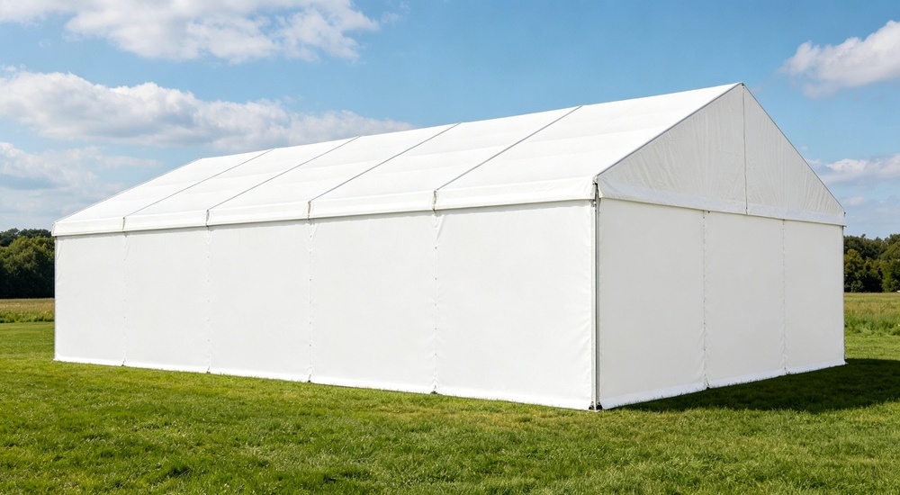 Related product photograph showing complete blue relief frame tent with installed tarpaulin cover, demonstrating final assembled emergency shelter product and tarpaulin material application in disaster relief deployment