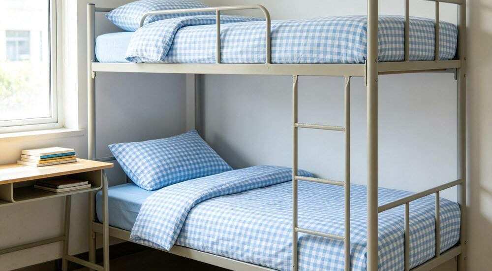 Gingham pattern bedding on bunk bed in typical dormitory setup