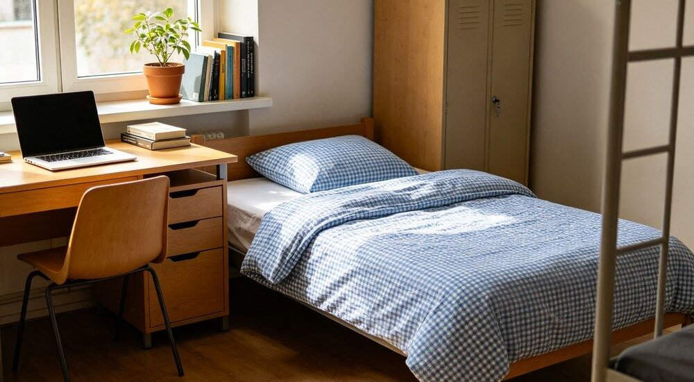 Dormitory lifestyle scene with gingham bedding and personal items