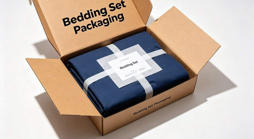 Packaged institutional bedding cartons stacked and labeled for shipping