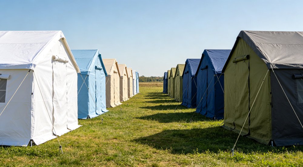 Overview comparison displaying light color versus dark color relief tent fabrics, white beige and green tents showing heat reflection and visibility difference for disaster shelter deployment in hot sunny climate conditions