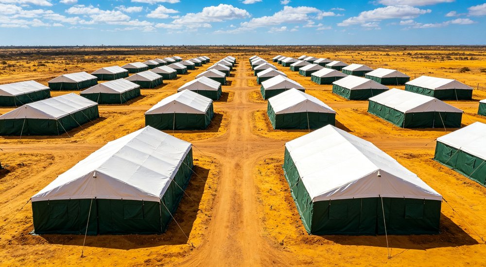 Aerial wide photograph of large refugee camp with approximately 200 white and green relief tents organized in grid pattern, massive emergency settlement visible showing large-scale disaster relief shelter deployment and camp planning